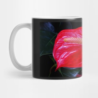 closeup macro photography of single vivid red waxy and shiny lily with long pollen laden golden center Mug